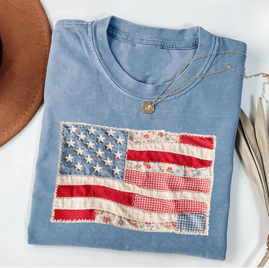 Retro American Flag Faux Patchwork USA Digital Print 4th of July T-Shirt / Sweatshirt / Hoodie