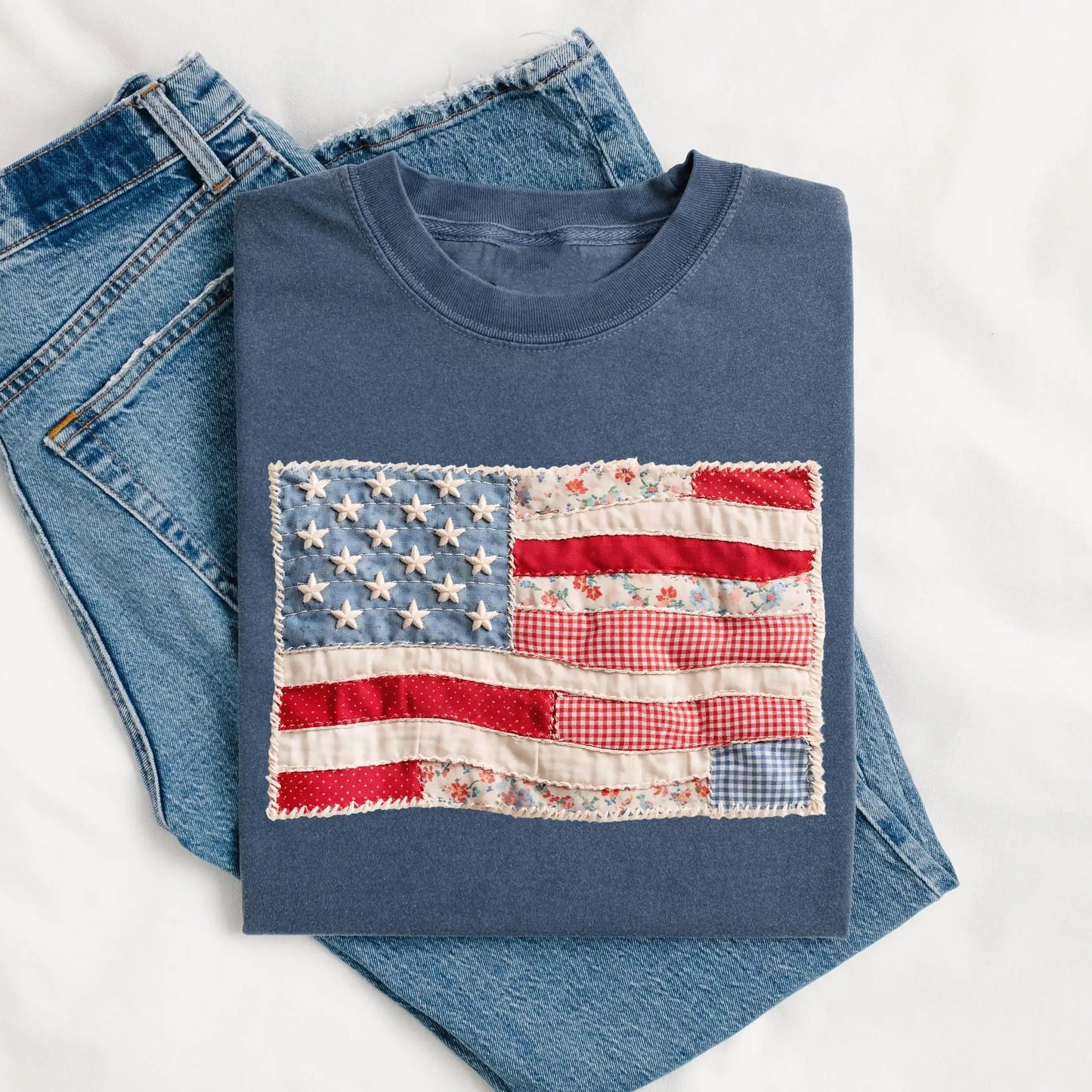 Retro American Flag Faux Patchwork USA Digital Print 4th of July T-Shirt / Sweatshirt / Hoodie