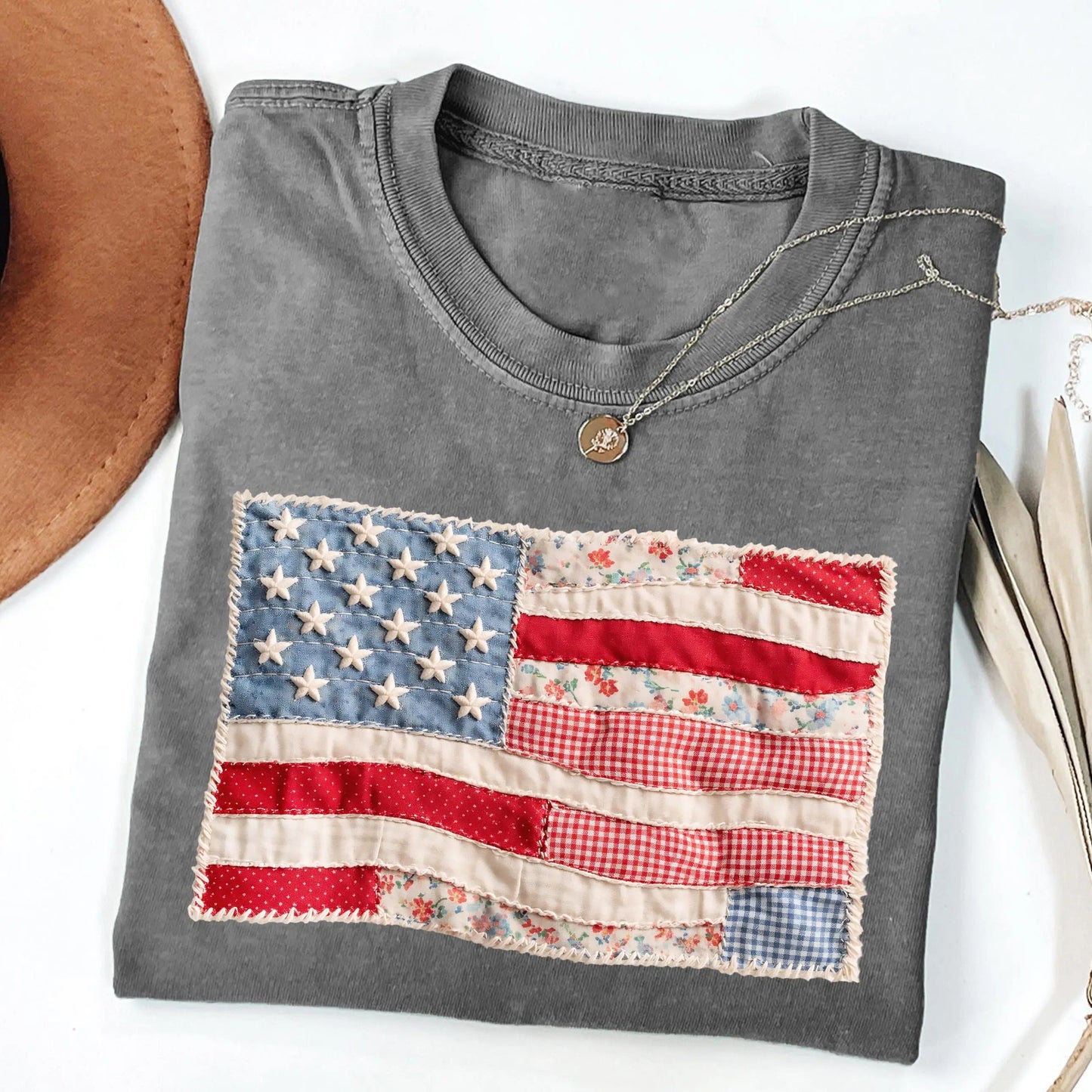 Retro American Flag Faux Patchwork USA Digital Print 4th of July T-Shirt / Sweatshirt / Hoodie