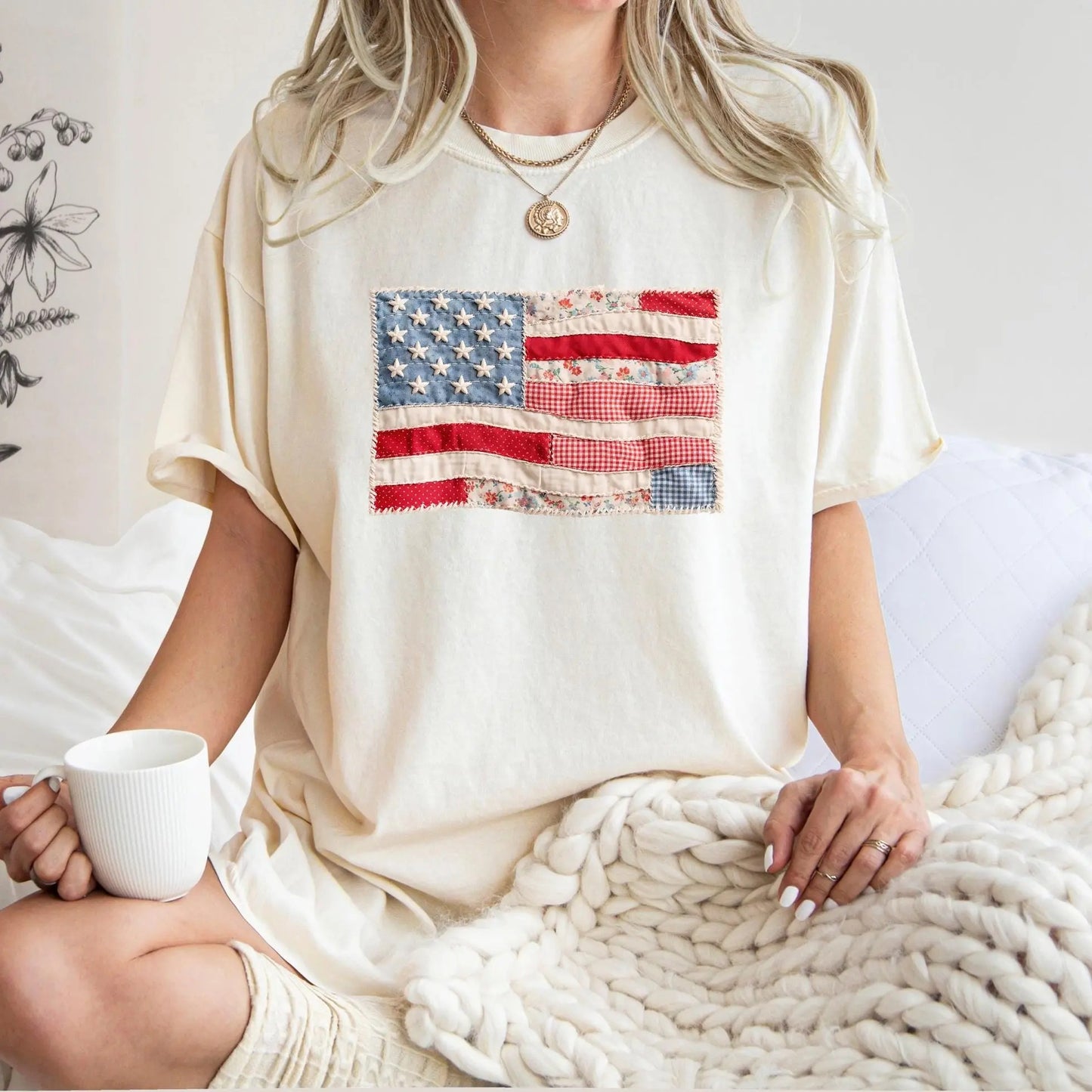 Retro American Flag Faux Patchwork USA Digital Print 4th of July T-Shirt / Sweatshirt / Hoodie