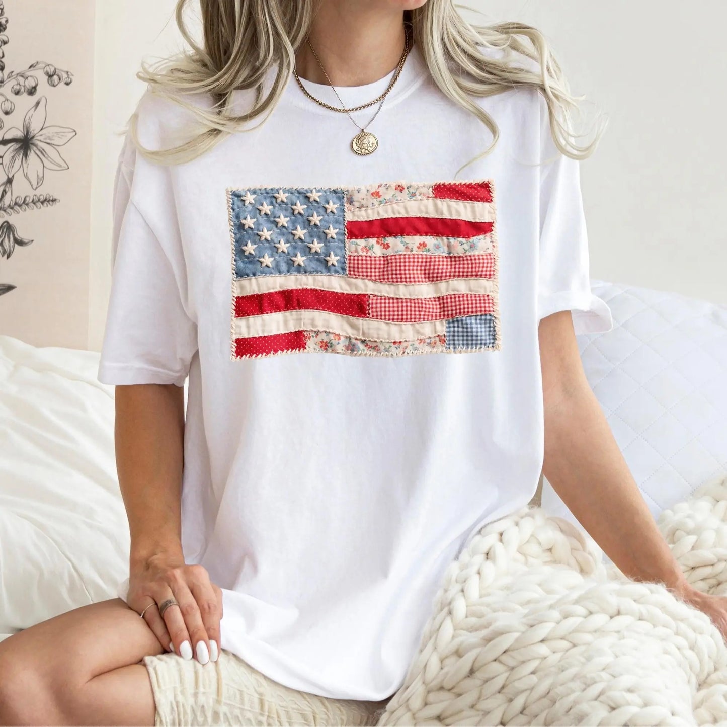 Retro American Flag Faux Patchwork USA Digital Print 4th of July T-Shirt / Sweatshirt / Hoodie