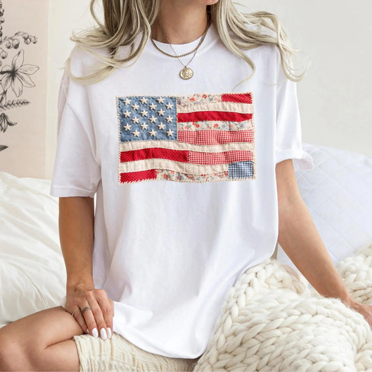 Retro American Flag Faux Patchwork USA Digital Print 4th of July T-Shirt / Sweatshirt / Hoodie