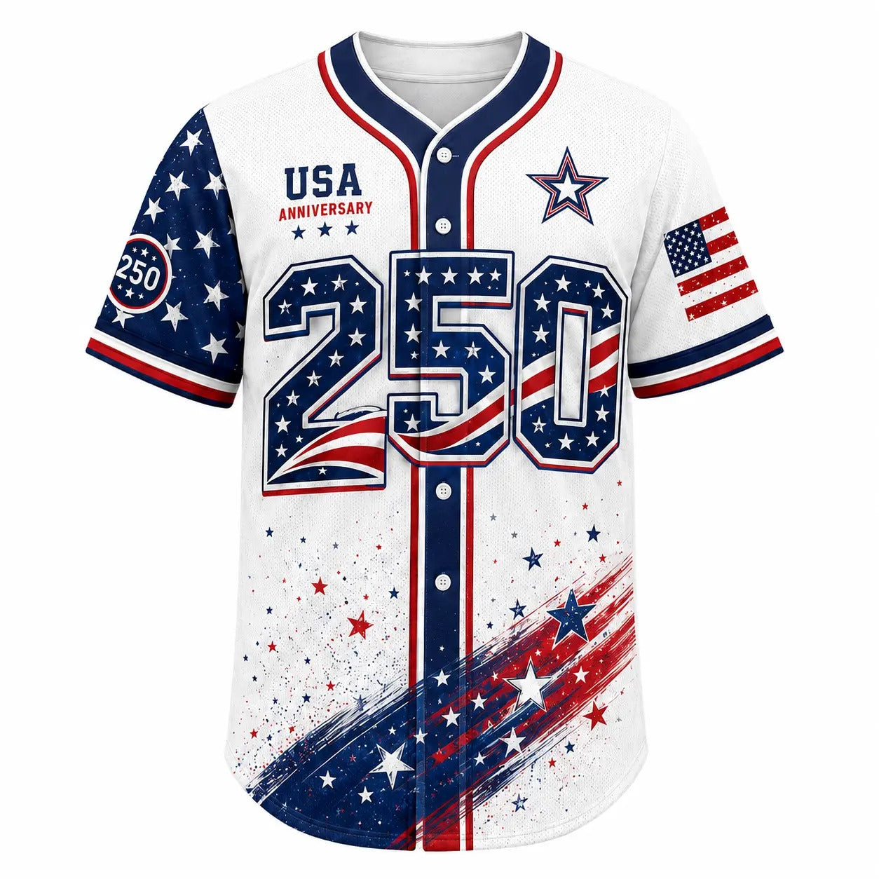 USA 1776-2026 Patriotic Baseball Jersey — American Flag Star Graphic Button-Up Shirt