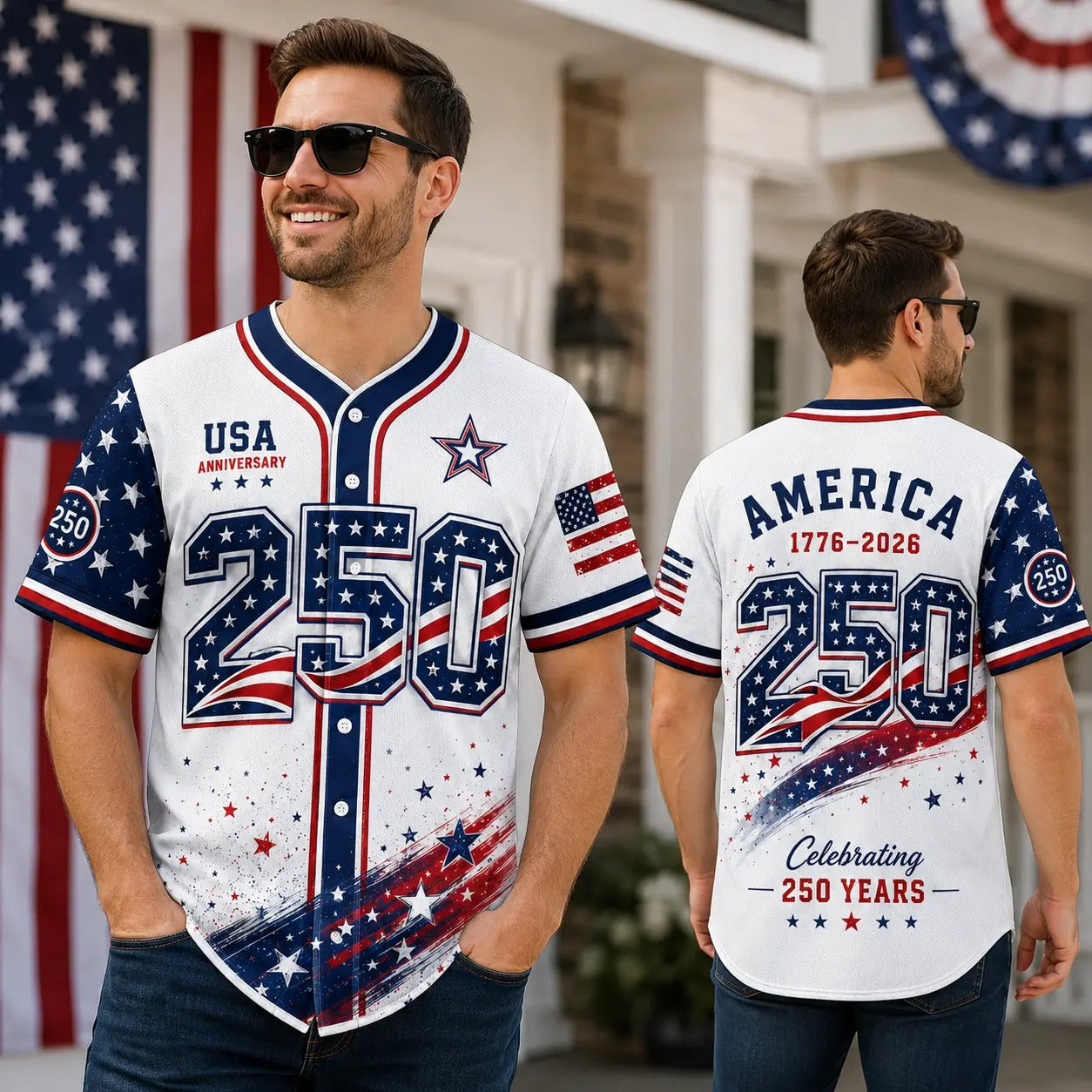 USA 1776-2026 Patriotic Baseball Jersey — American Flag Star Graphic Button-Up Shirt