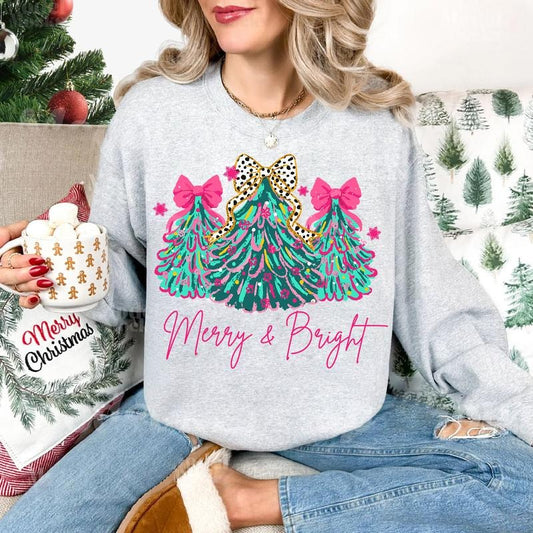Merry & Bright Xmas Tree Holiday Bow Lights Cute Jolly T-Shirt / Sweatshirt / Hoodie