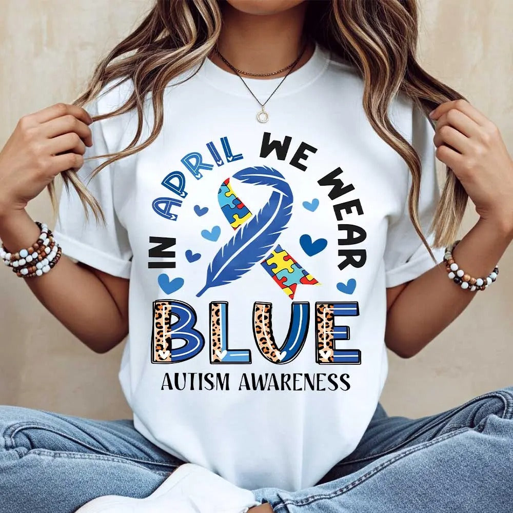 In April We Wear Blue Autism Awareness Ribbon Puzzle Print T-Shirt / Sweatshirt / Hoodie