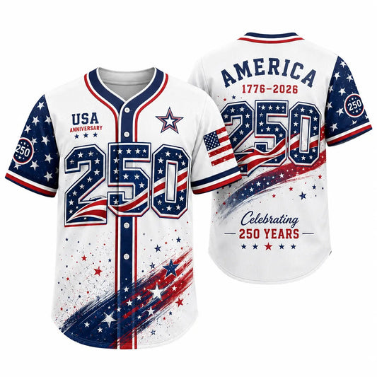 USA 1776-2026 Patriotic Baseball Jersey — American Flag Star Graphic Button-Up Shirt