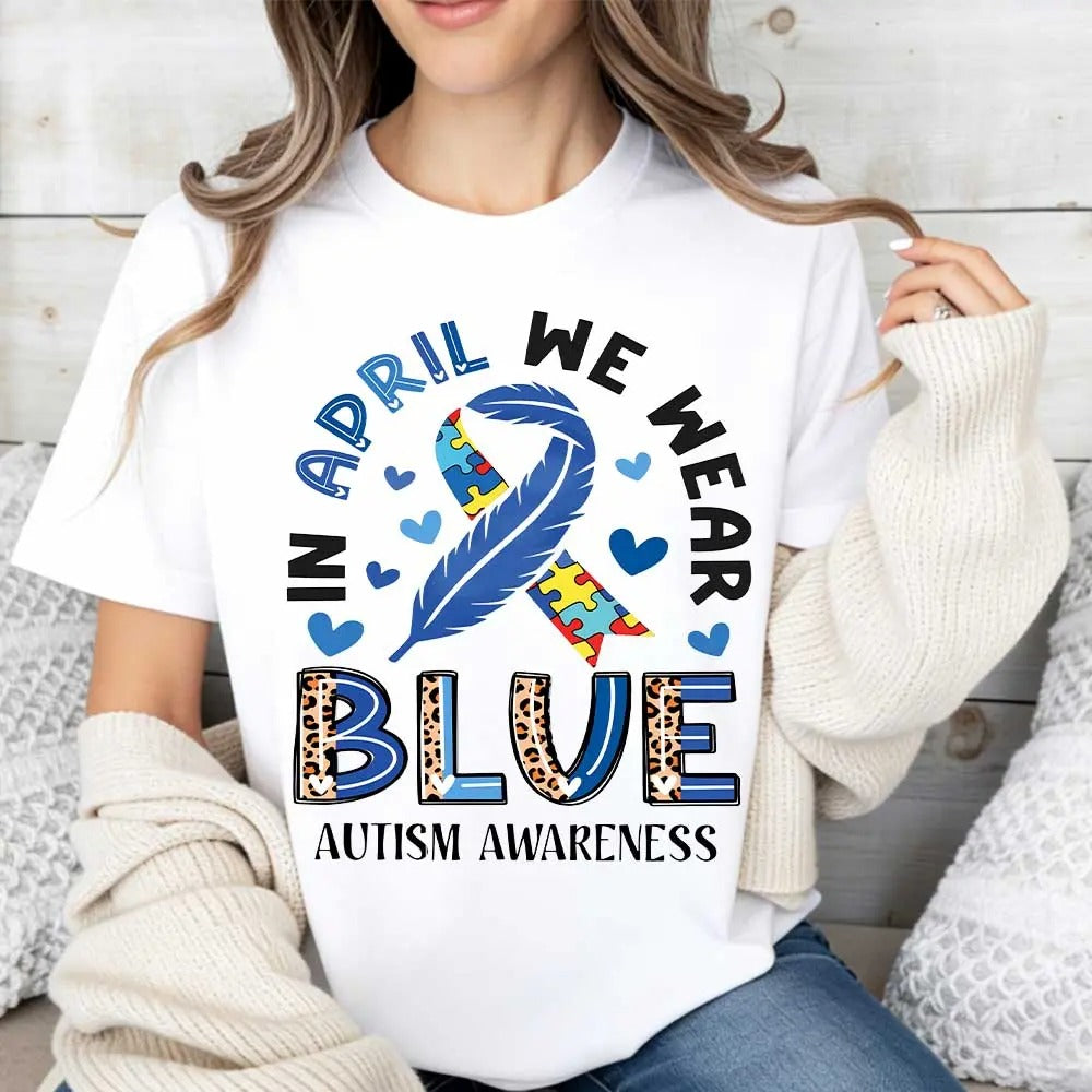 In April We Wear Blue Autism Awareness Ribbon Puzzle Print T-Shirt / Sweatshirt / Hoodie