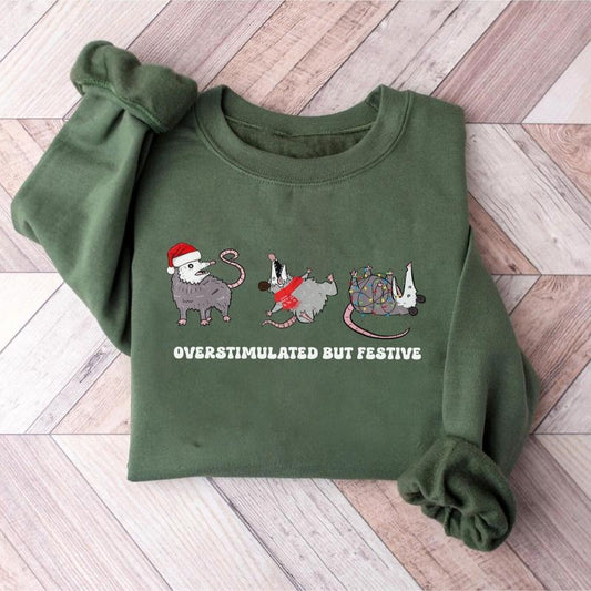 Overstimulated Festive Possum Funny Christmas Meme T-Shirt / Sweatshirt / Hoodie