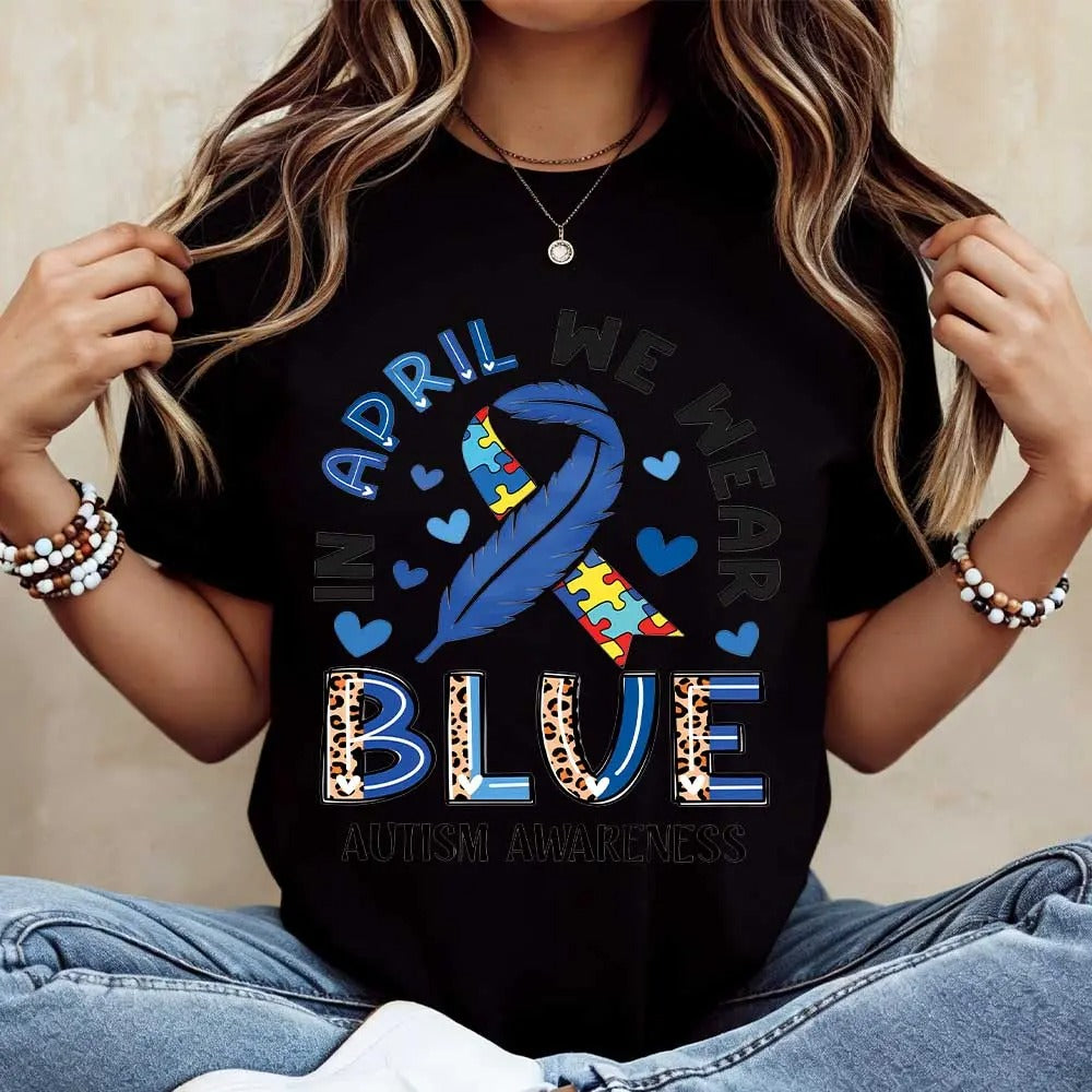 In April We Wear Blue Autism Awareness Ribbon Puzzle Print T-Shirt / Sweatshirt / Hoodie