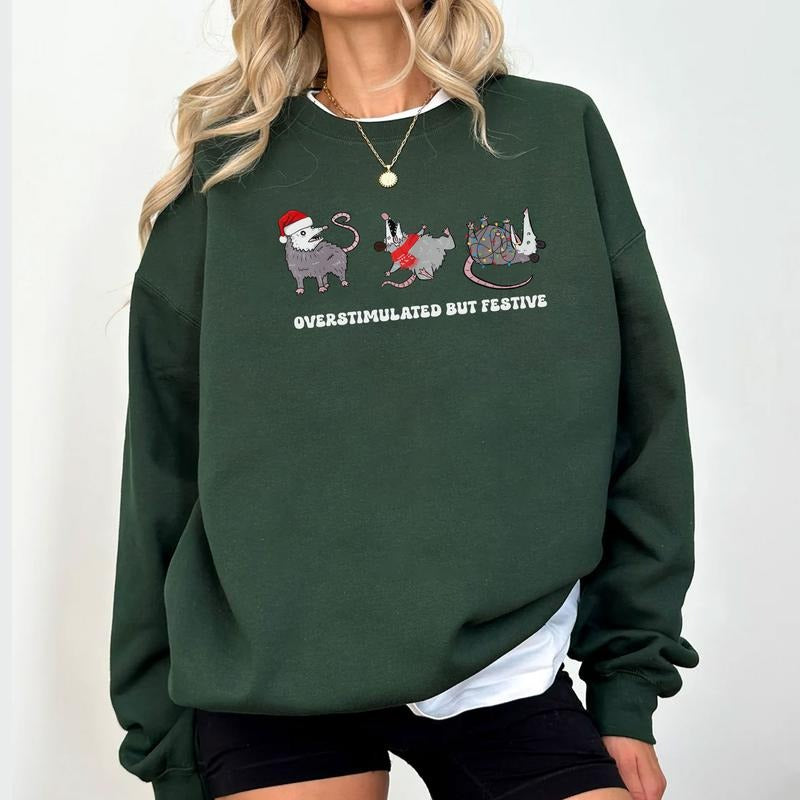 Overstimulated Festive Possum Funny Christmas Meme T-Shirt / Sweatshirt / Hoodie