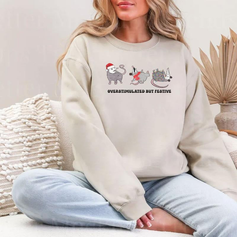 Overstimulated Festive Possum Funny Christmas Meme T-Shirt / Sweatshirt / Hoodie
